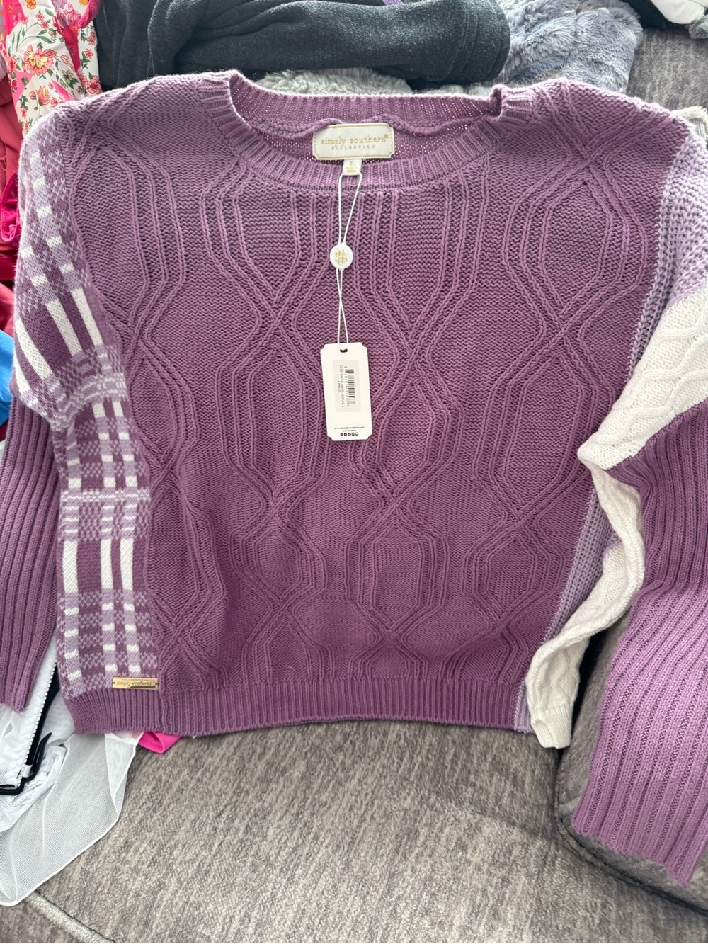 Simply Southern Lavender Mixed-Pattern Cable Knit Crewneck Sweater